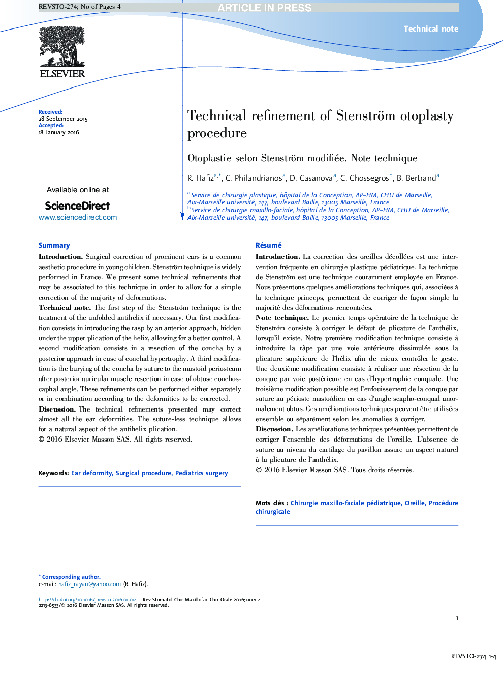 Technical refinement of Stenström otoplasty procedure