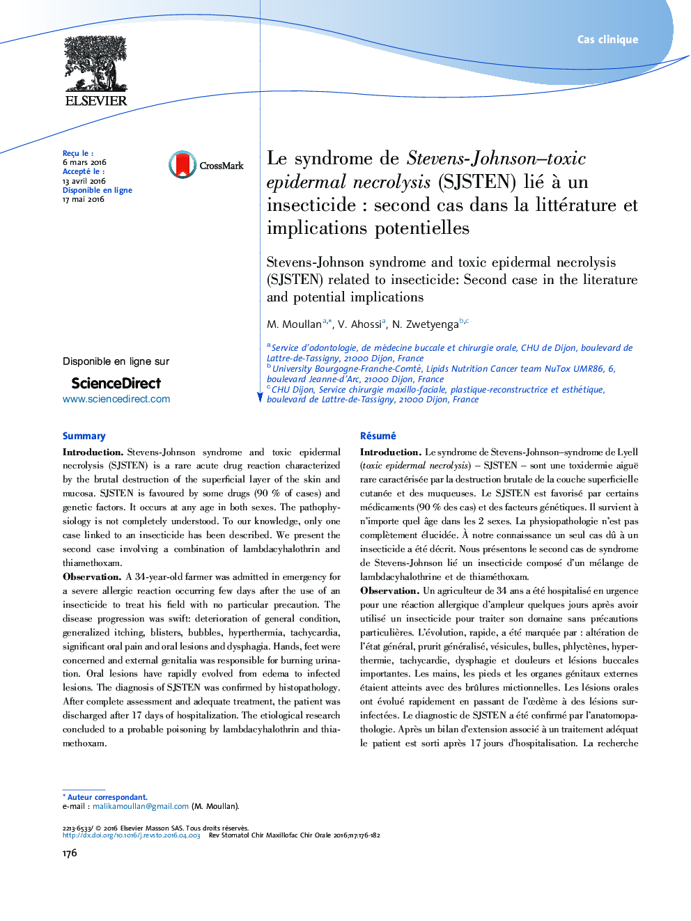 Le syndrome de Stevens-Johnson-toxic epidermal necrolysis (SJSTEN) lié Ã  un insecticideÂ : second cas dans la littérature et implications potentielles