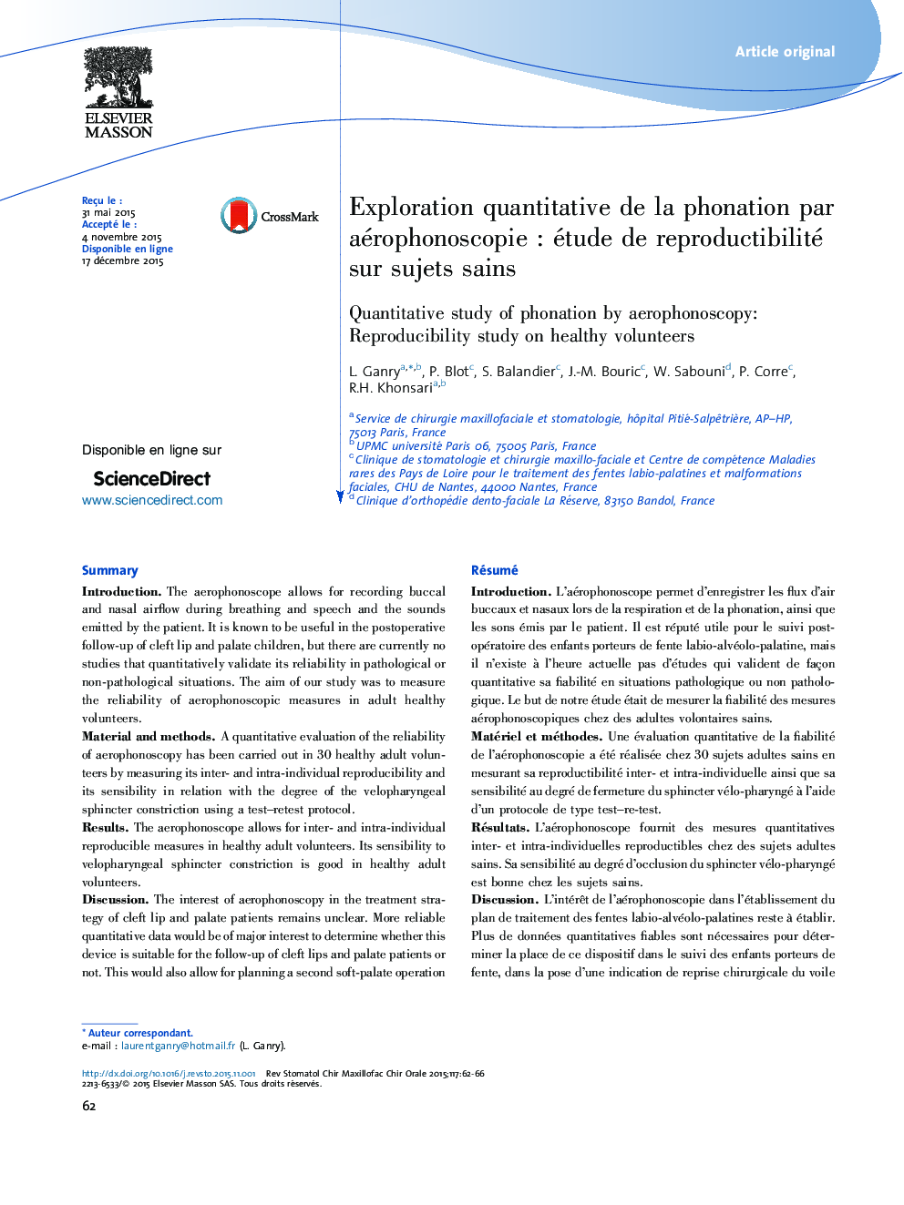 Exploration quantitative de la phonation par aérophonoscopieÂ : étude de reproductibilité sur sujets sains