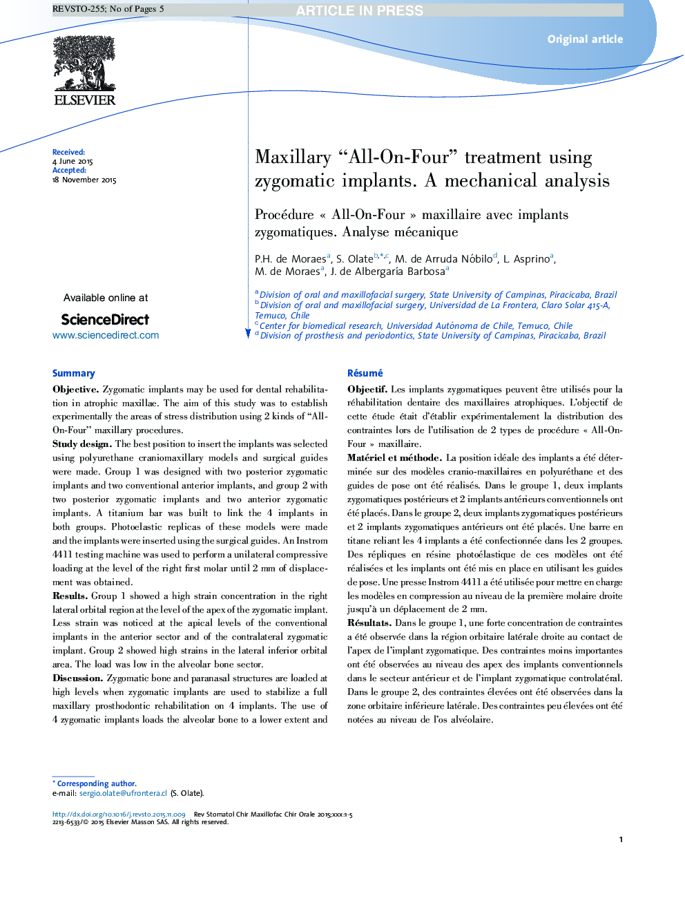 Maxillary “All-On-Four” treatment using zygomatic implants. A mechanical analysis