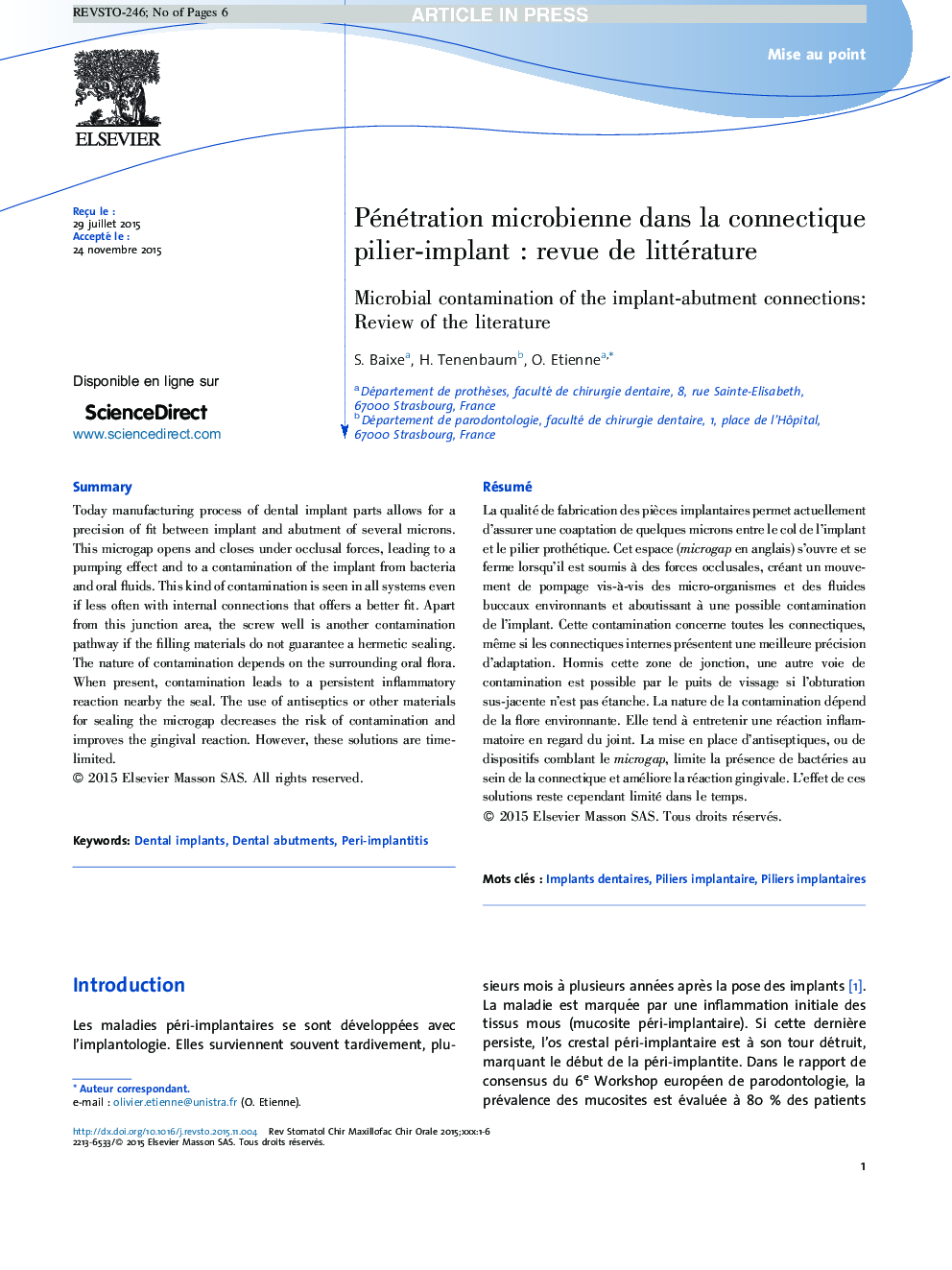 Pénétration microbienne dans la connectique pilier-implantÂ : revue de littérature