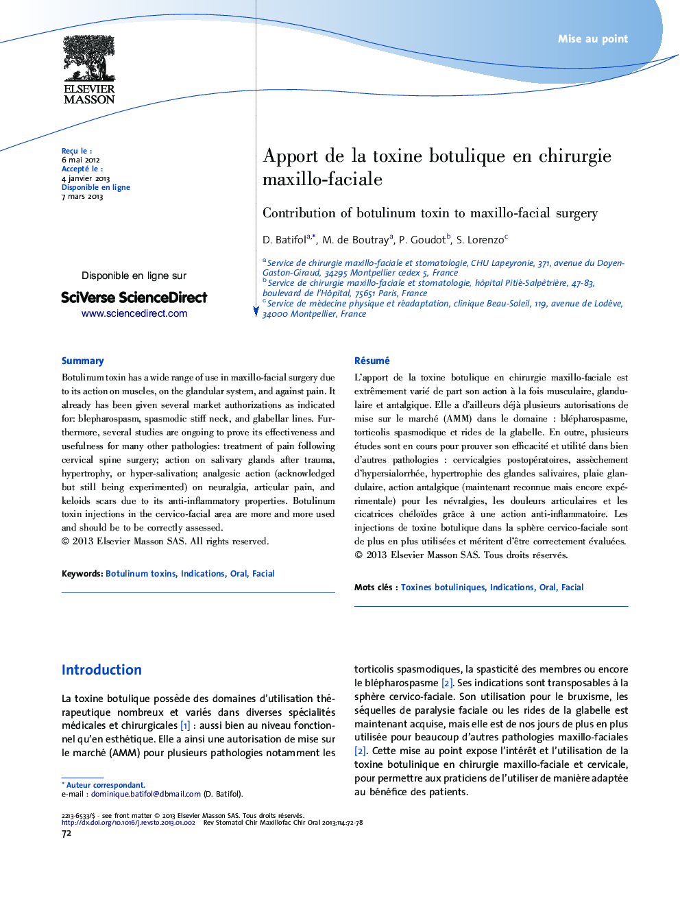 Apport de la toxine botulique en chirurgie maxillo-faciale