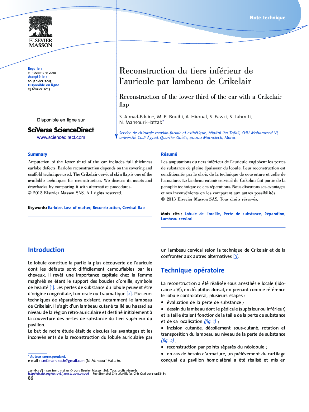 Reconstruction du tiers inférieur de l'auricule par lambeau de Crikelair