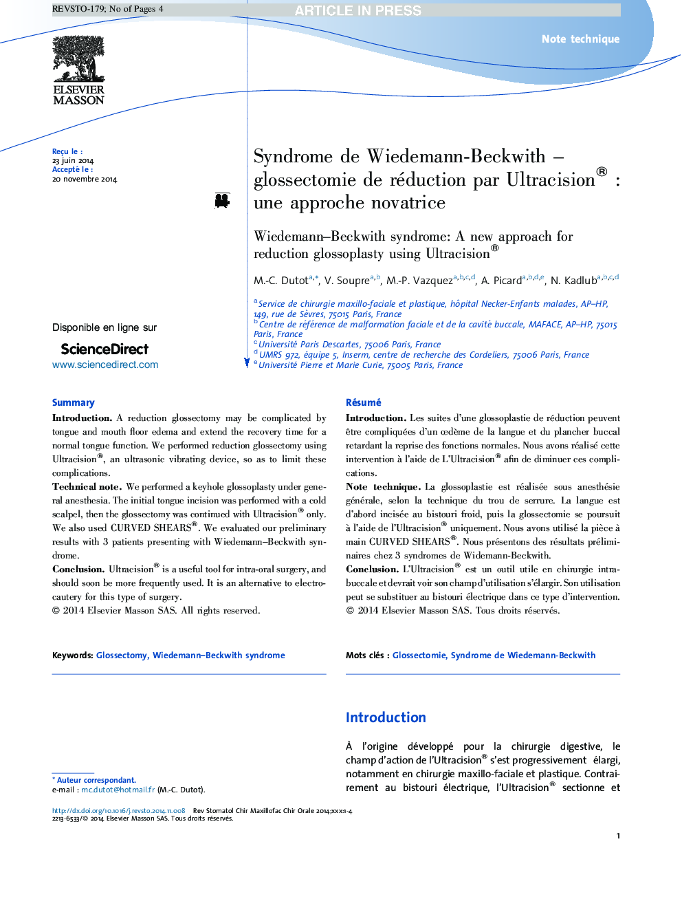 Syndrome de Wiedemann-BeckwithÂ -Â glossectomie de réduction par Ultracision®Â : une approche novatrice