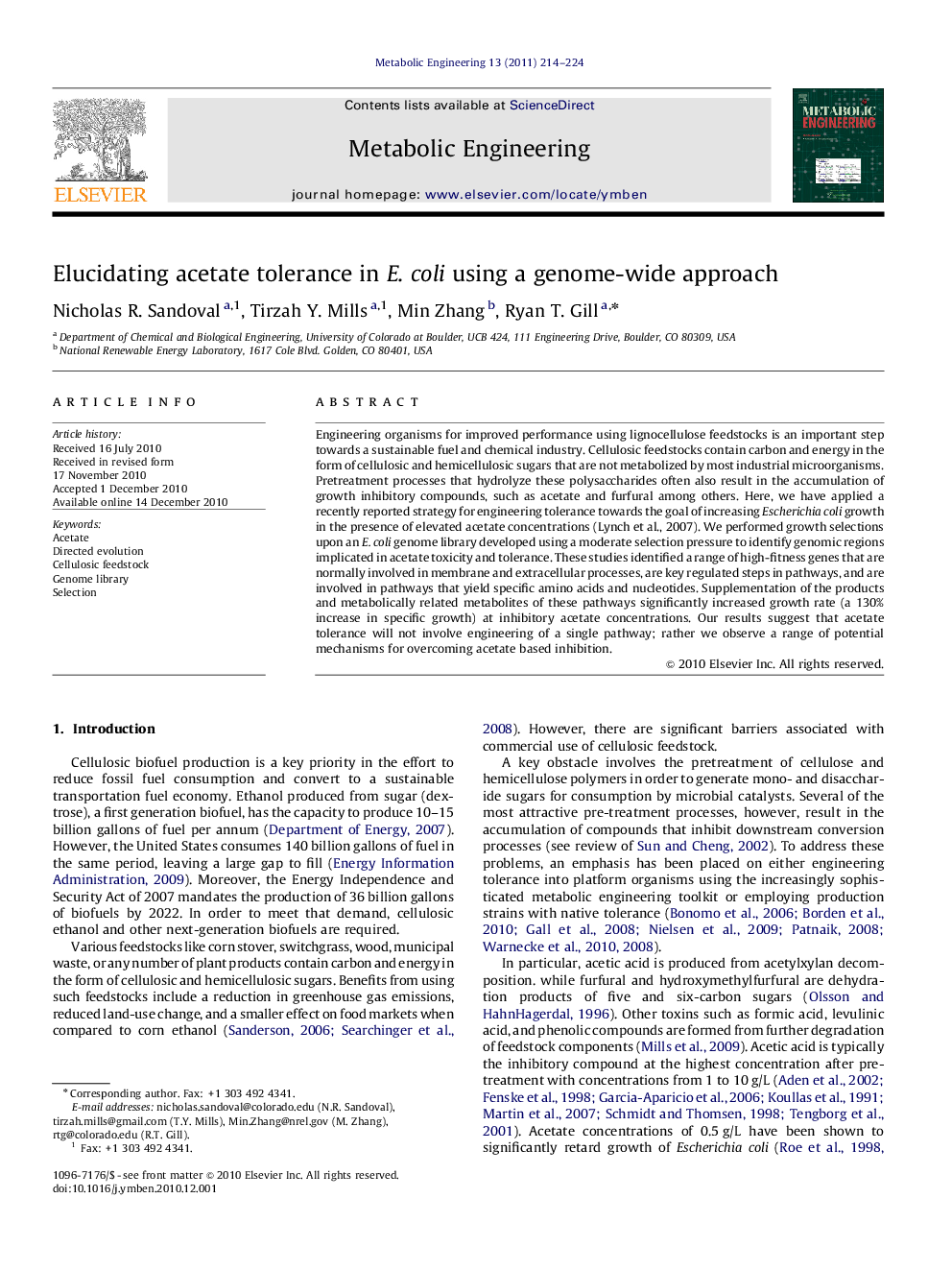 Elucidating acetate tolerance in E. coli using a genome-wide approach