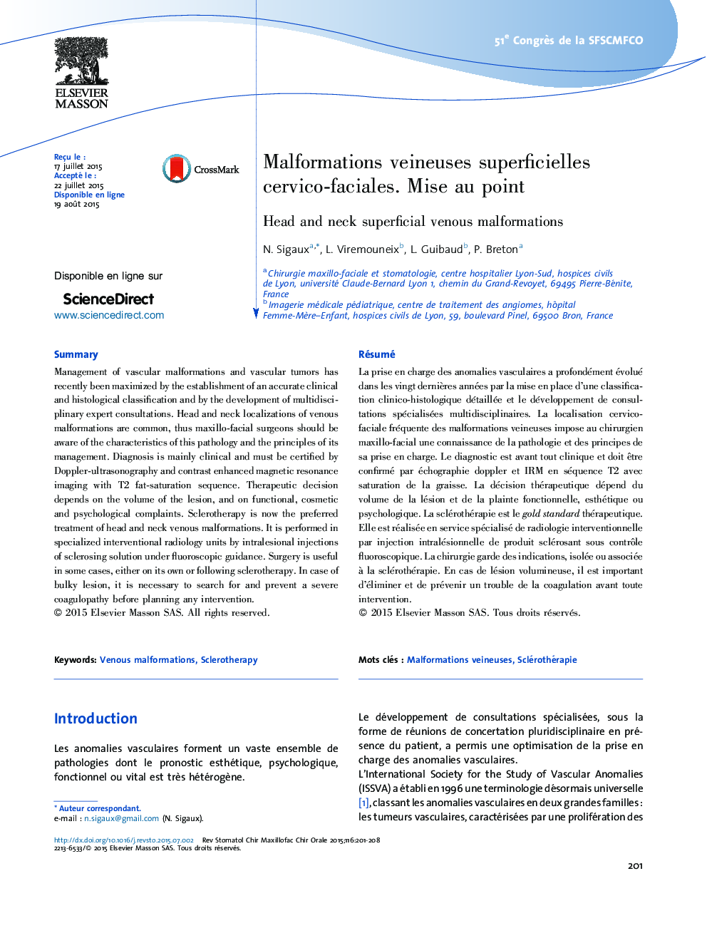 Malformations veineuses superficielles cervico-faciales. Mise au point