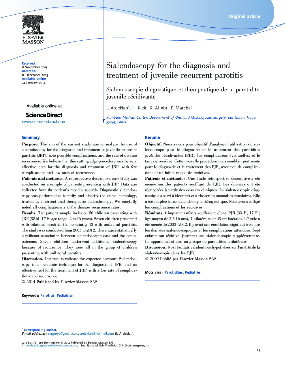 Sialendoscopy for the diagnosis and treatment of juvenile recurrent parotitis