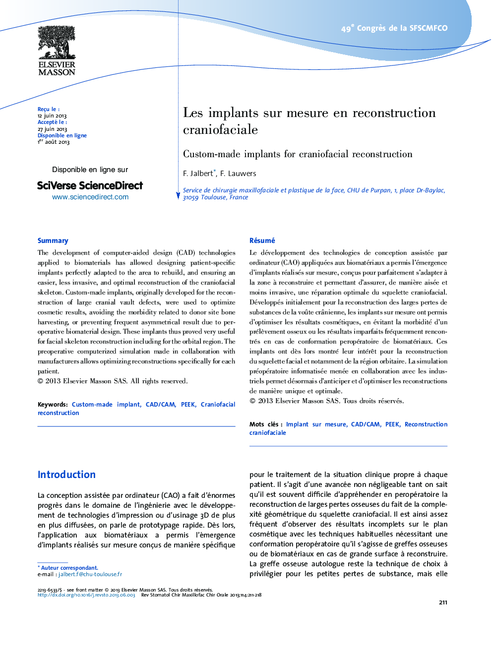 Les implants sur mesure en reconstruction craniofaciale