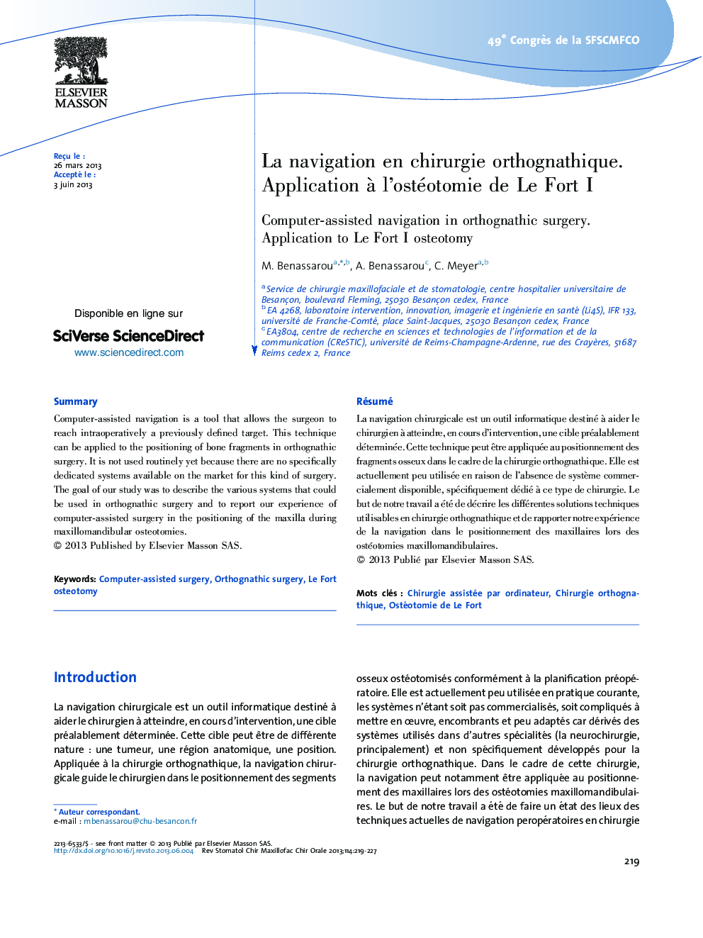 La navigation en chirurgie orthognathique. Application Ã  l'ostéotomie de Le Fort I