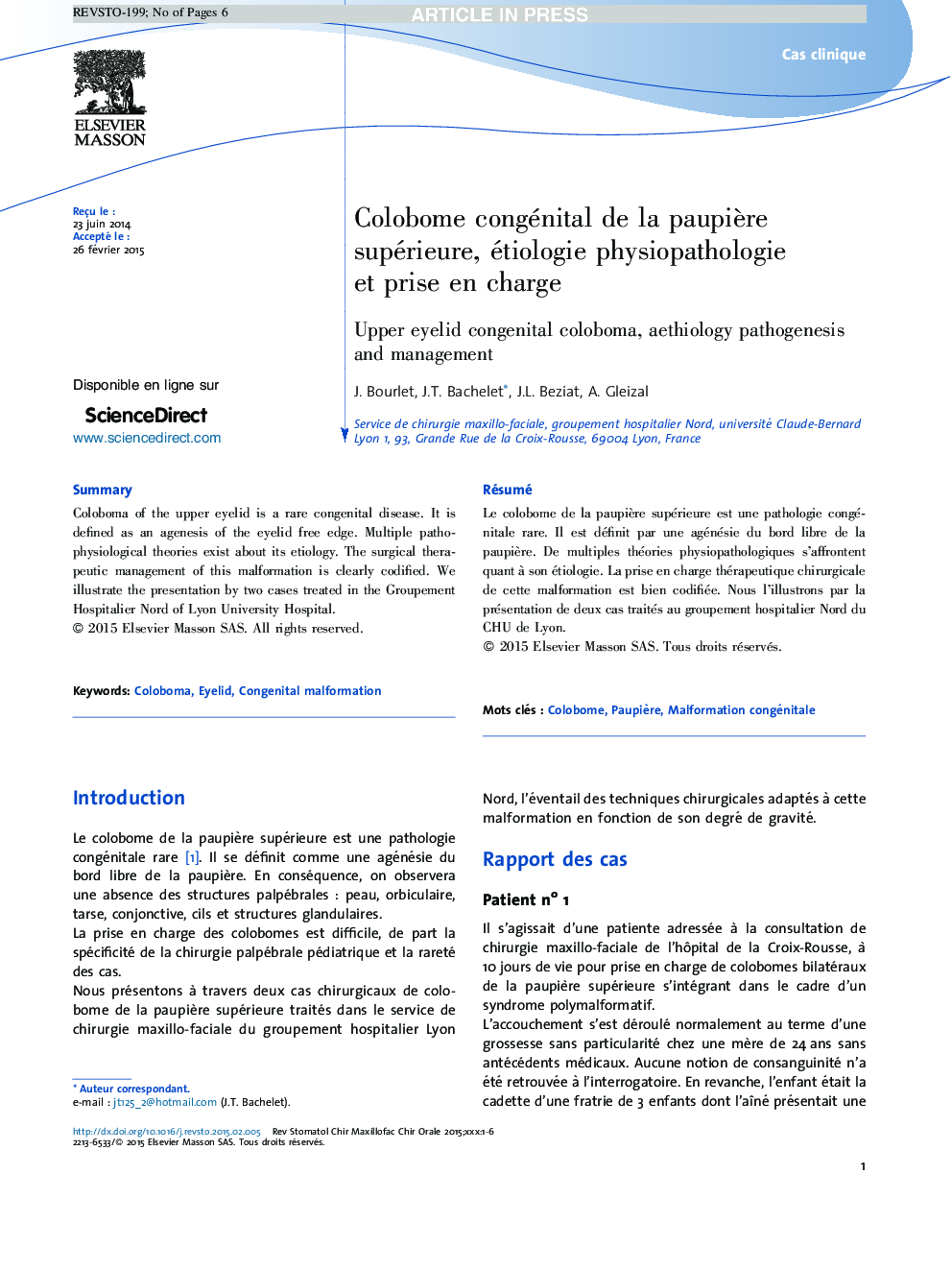 Colobome congénital de la paupiÃ¨re supérieure, étiologie physiopathologie et prise en charge