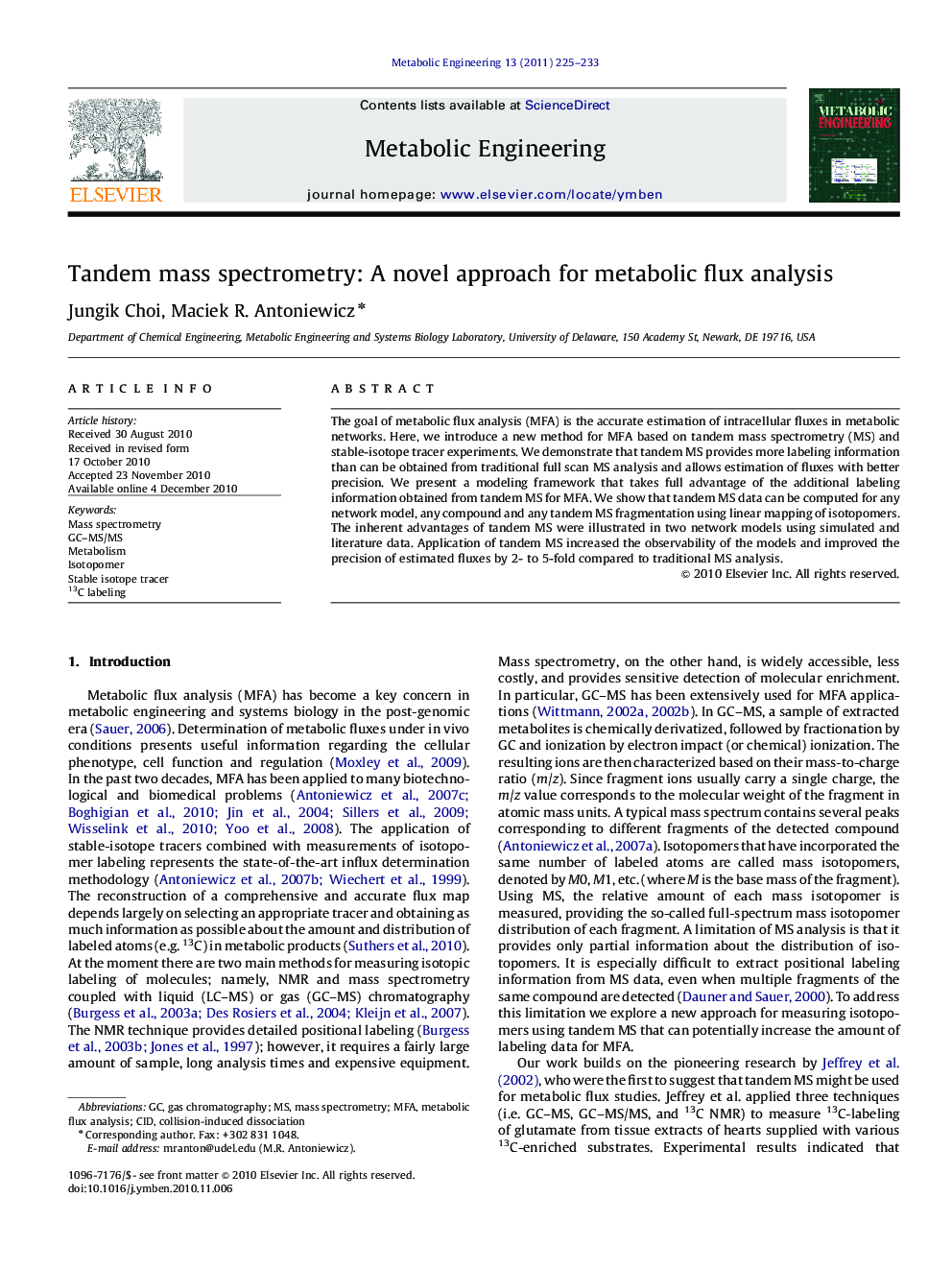 Tandem mass spectrometry: A novel approach for metabolic flux analysis