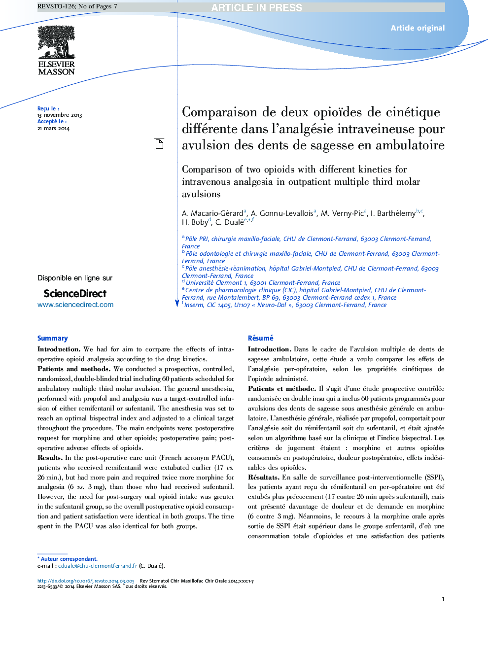 Comparaison de deux opioïdes de cinétique différente dans l'analgésie intraveineuse pour avulsion des dents de sagesse en ambulatoire