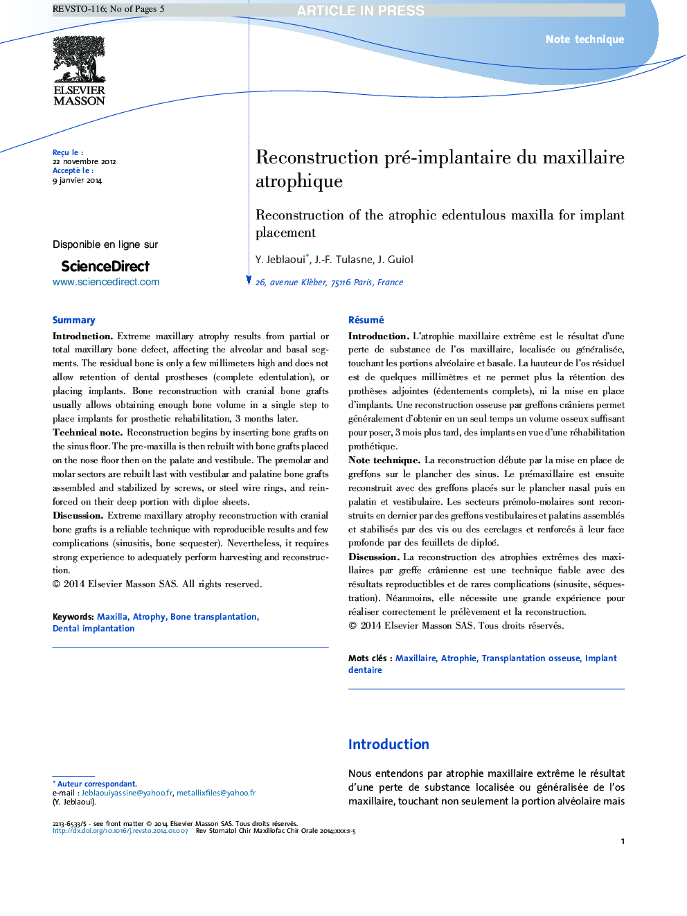 Reconstruction pré-implantaire du maxillaire atrophique