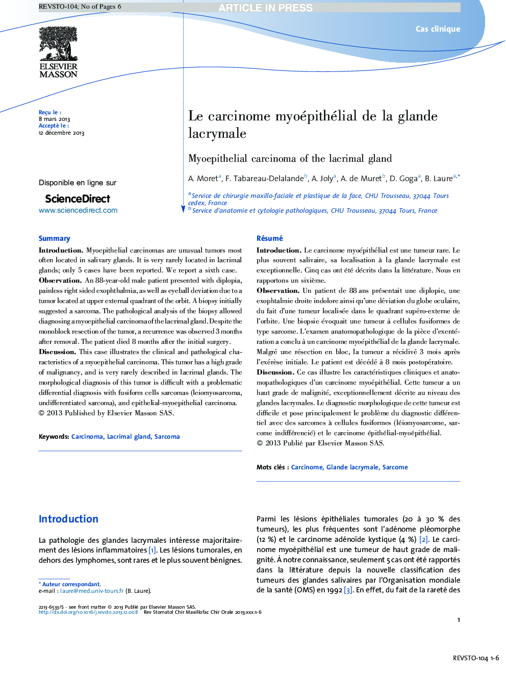 Le carcinome myoépithélial de la glande lacrymale