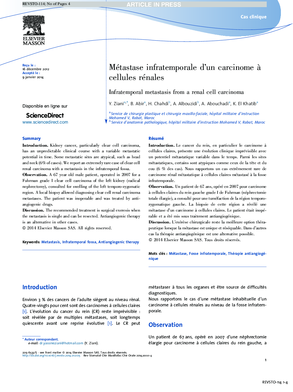 Métastase infratemporale d'un carcinome Ã  cellules rénales