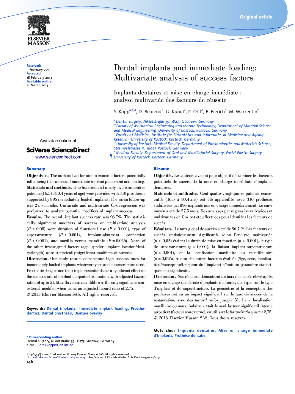 Dental implants and immediate loading: Multivariate analysis of success factors
