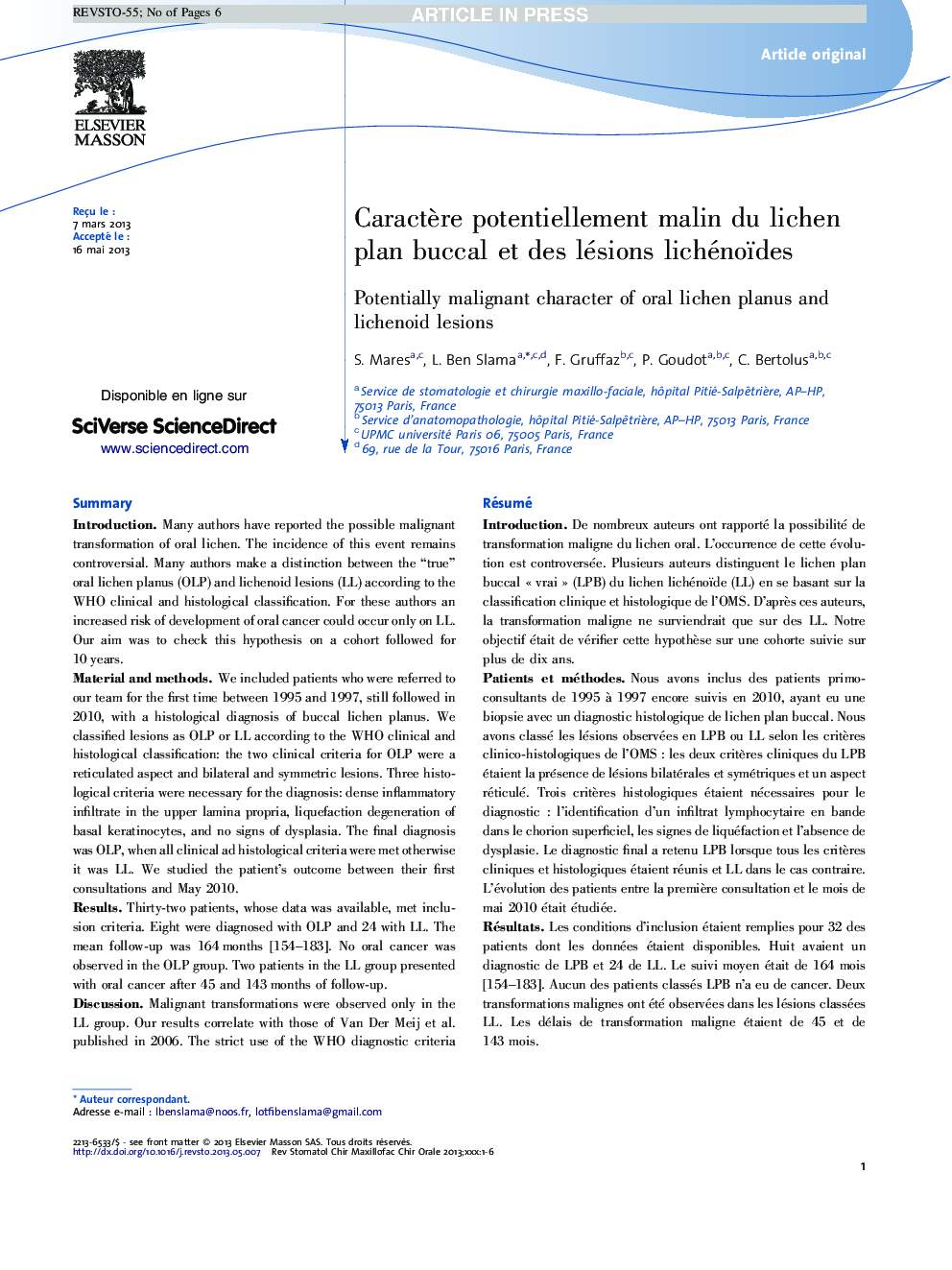 CaractÃ¨re potentiellement malin du lichen plan buccal et des lésions lichénoïdes