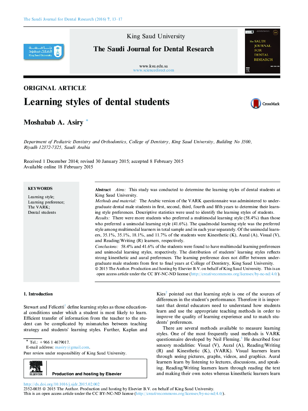 Learning styles of dental students 