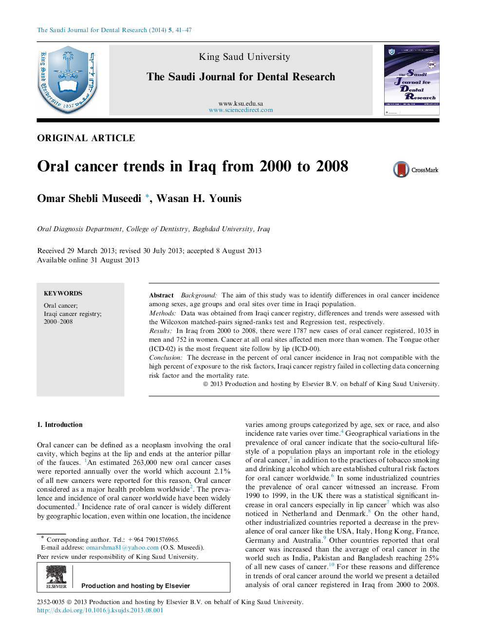 Oral cancer trends in Iraq from 2000 to 2008 