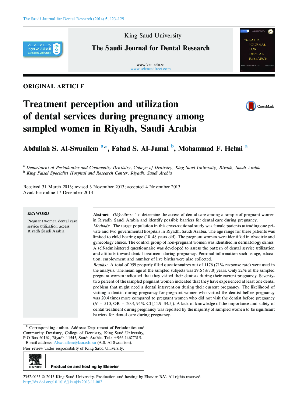Treatment perception and utilization of dental services during pregnancy among sampled women in Riyadh, Saudi Arabia 