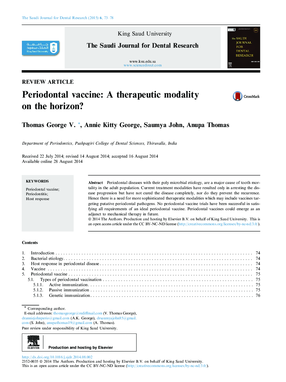 Periodontal vaccine: A therapeutic modality on the horizon? 