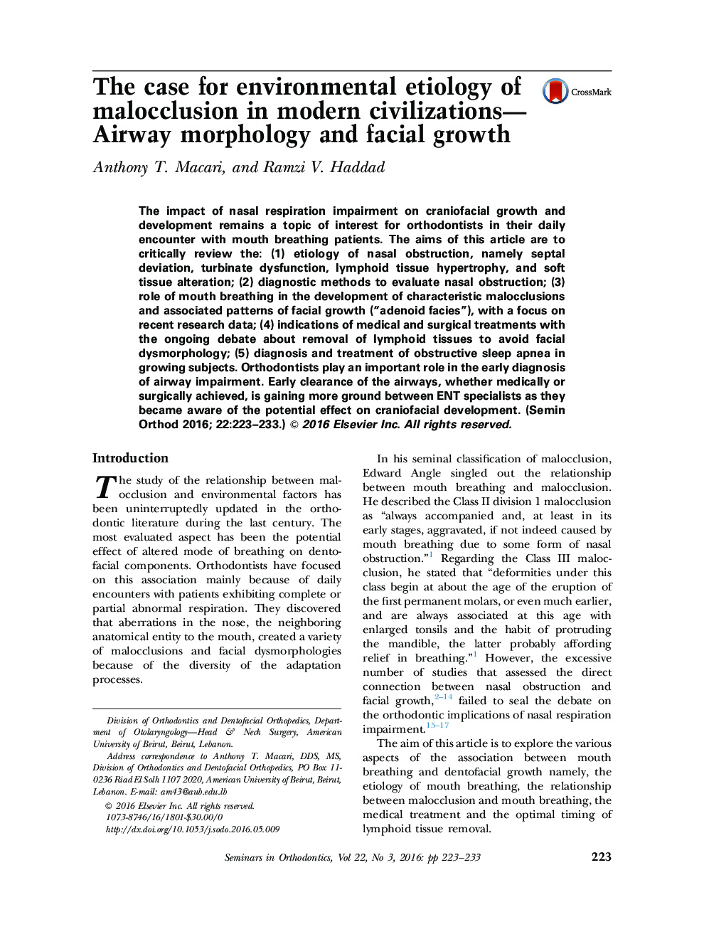 The case for environmental etiology of malocclusion in modern civilizations—Airway morphology and facial growth