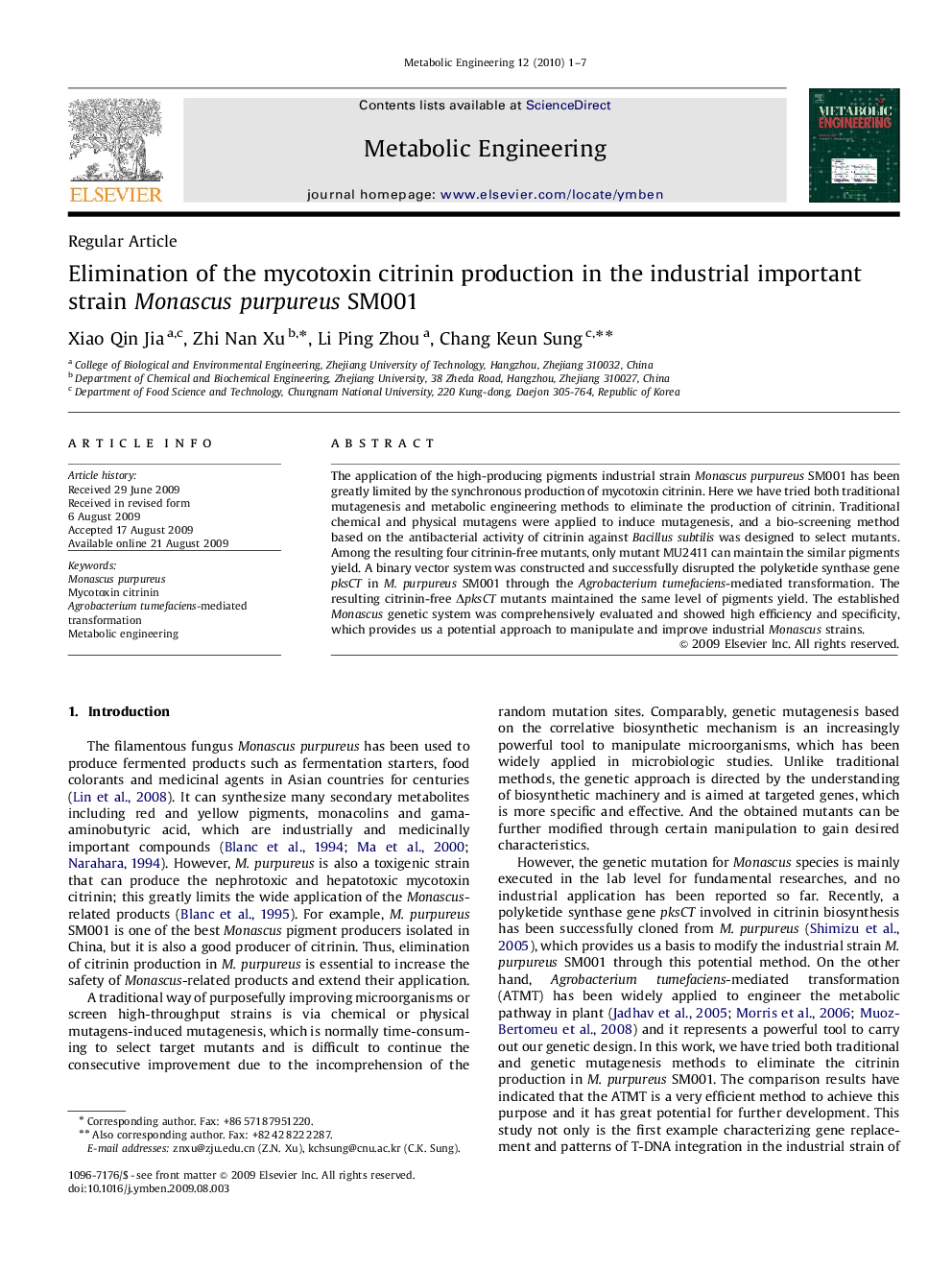 Elimination of the mycotoxin citrinin production in the industrial important strain Monascus purpureus SM001