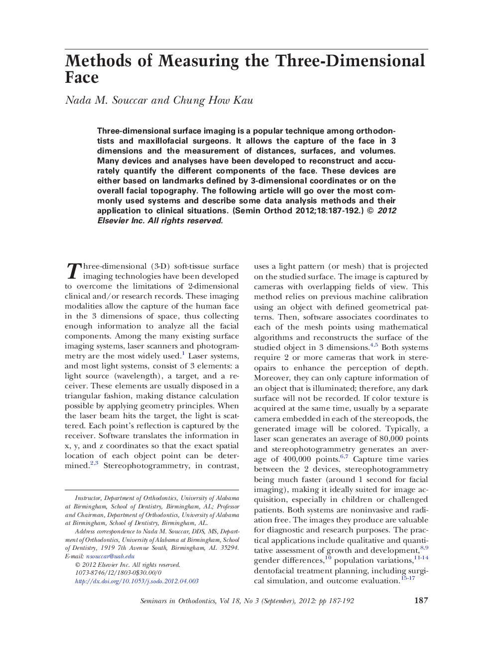 Methods of Measuring the Three-Dimensional Face