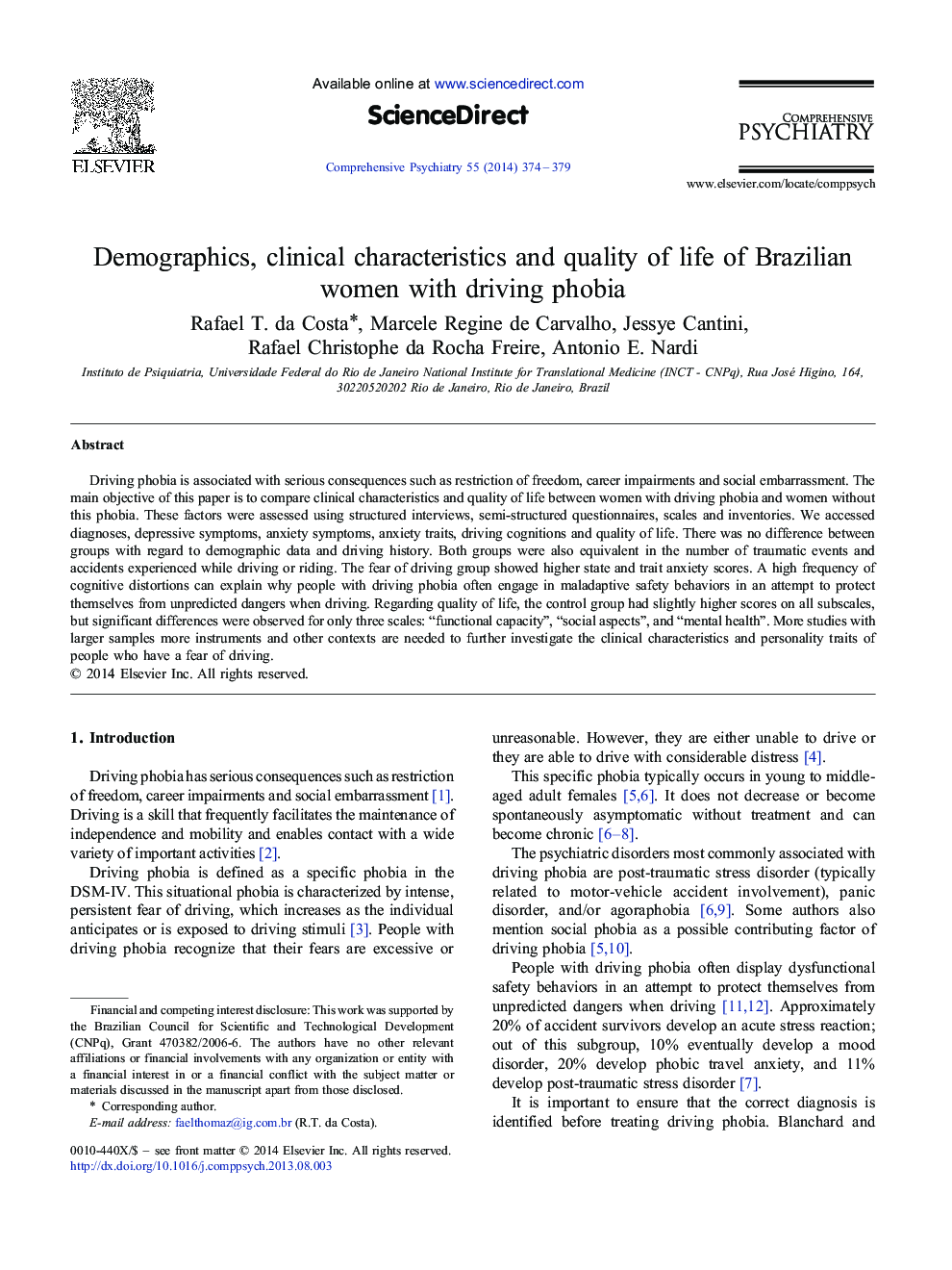 Demographics, clinical characteristics and quality of life of Brazilian women with driving phobia 