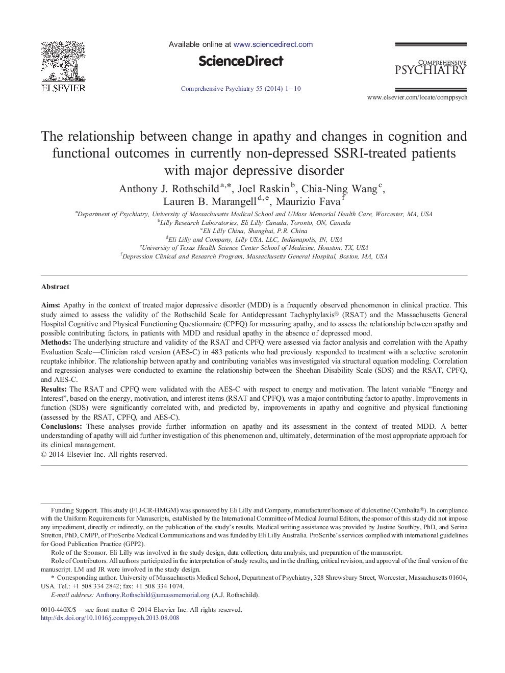 عکس صفحه اول مقاله: The relationship between change in apathy and changes in cognition and functional outcomes in currently non-depressed SSRI-treated patients with major depressive disorder The relationship between change in apathy and changes in cognition and functional outcomes in currently non-depressed SSRI-treated patients with major depressive disorder
