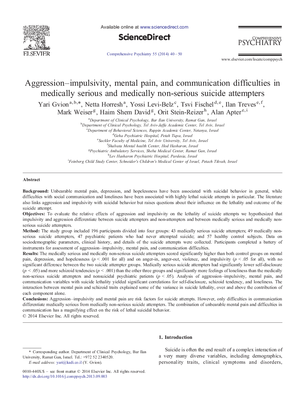 Aggression–impulsivity, mental pain, and communication difficulties in medically serious and medically non-serious suicide attempters