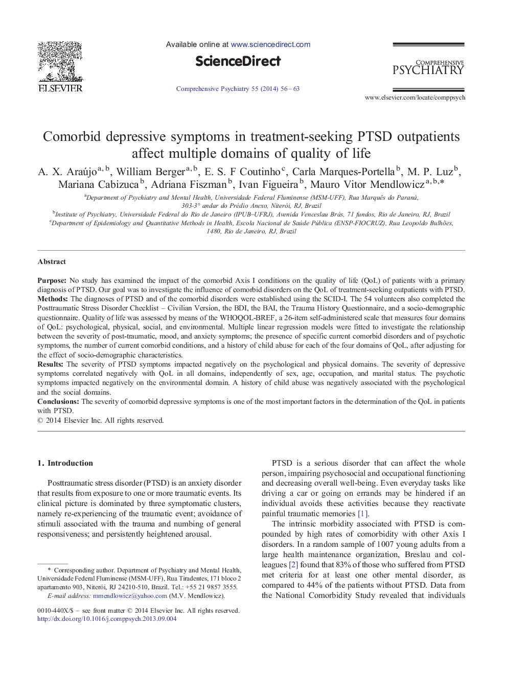 Comorbid depressive symptoms in treatment-seeking PTSD outpatients affect multiple domains of quality of life
