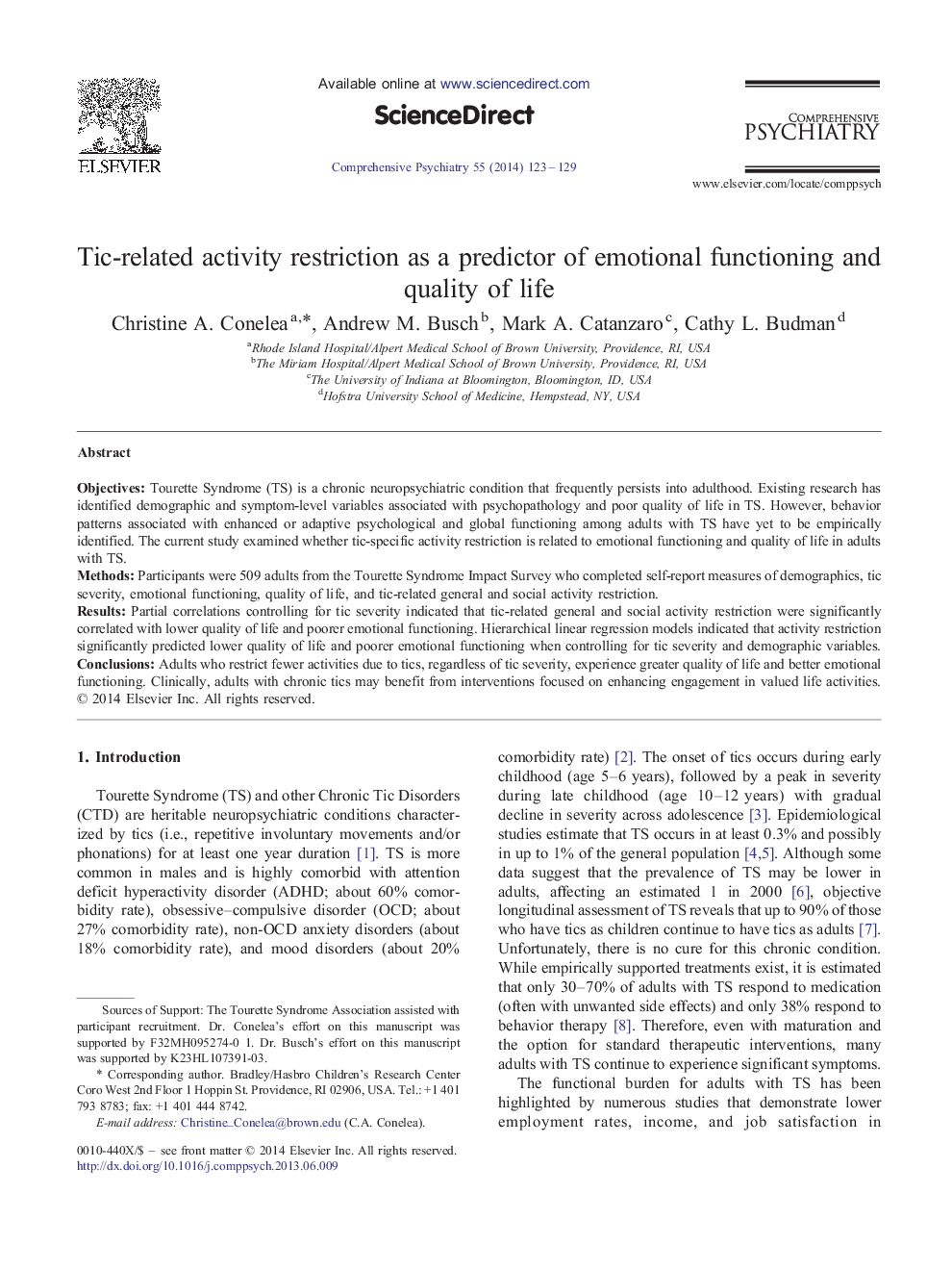 Tic-related activity restriction as a predictor of emotional functioning and quality of life 