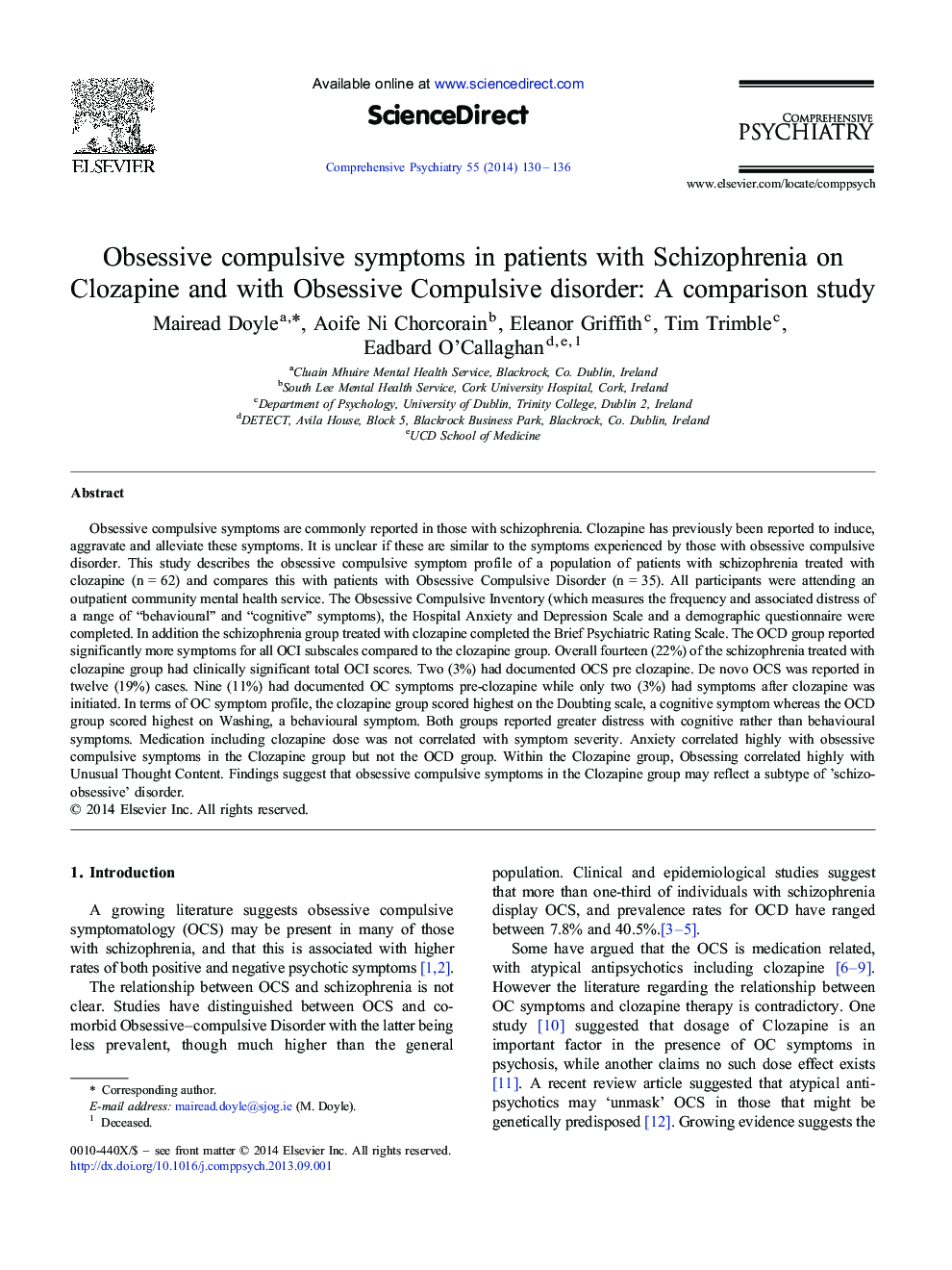نشانه های اجباری وسواسی در بیماران مبتلا به اسکیزوفرنی بر روی کلوزاپین و اختلال وسواس فکری: یک مطالعه مقایسه ای 