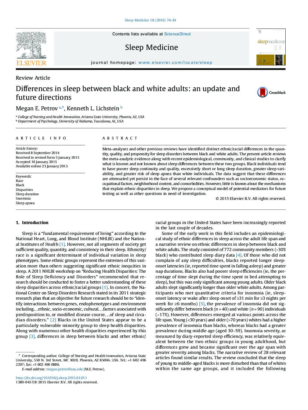 Differences in sleep between black and white adults: an update and future directions