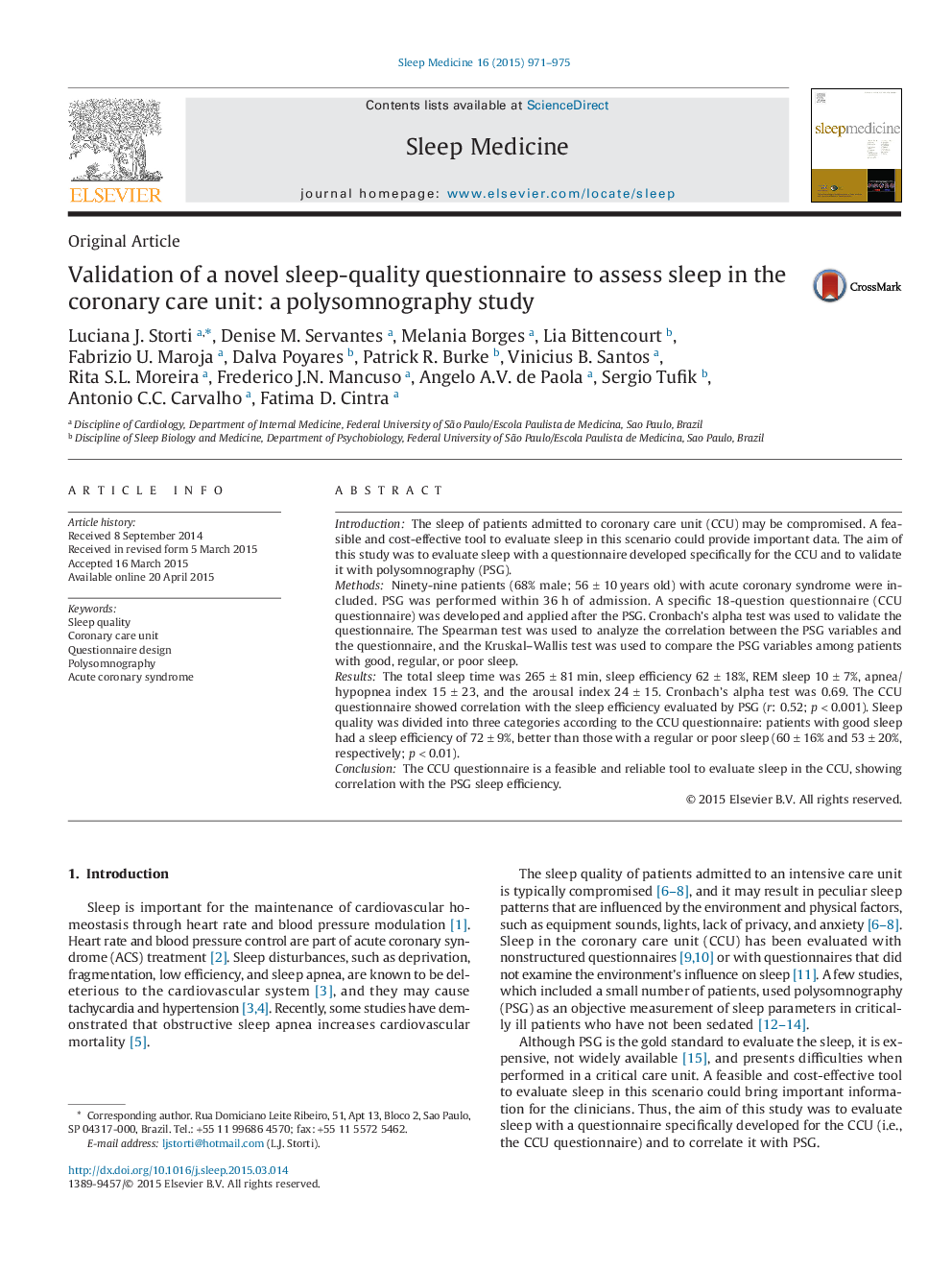 Validation of a novel sleep-quality questionnaire to assess sleep in the coronary care unit: a polysomnography study