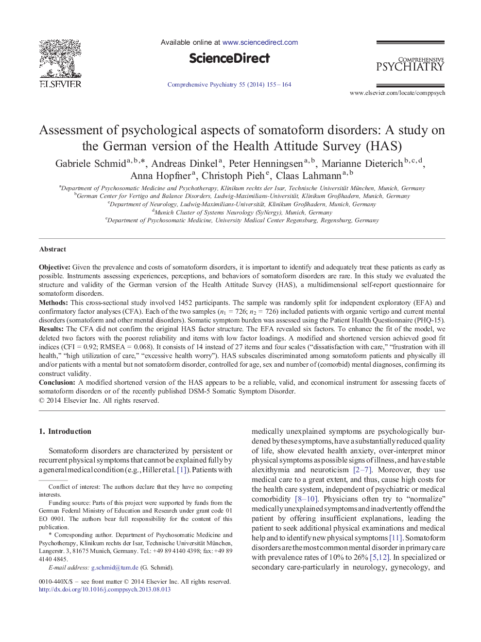 Assessment of psychological aspects of somatoform disorders: A study on the German version of the Health Attitude Survey (HAS) 