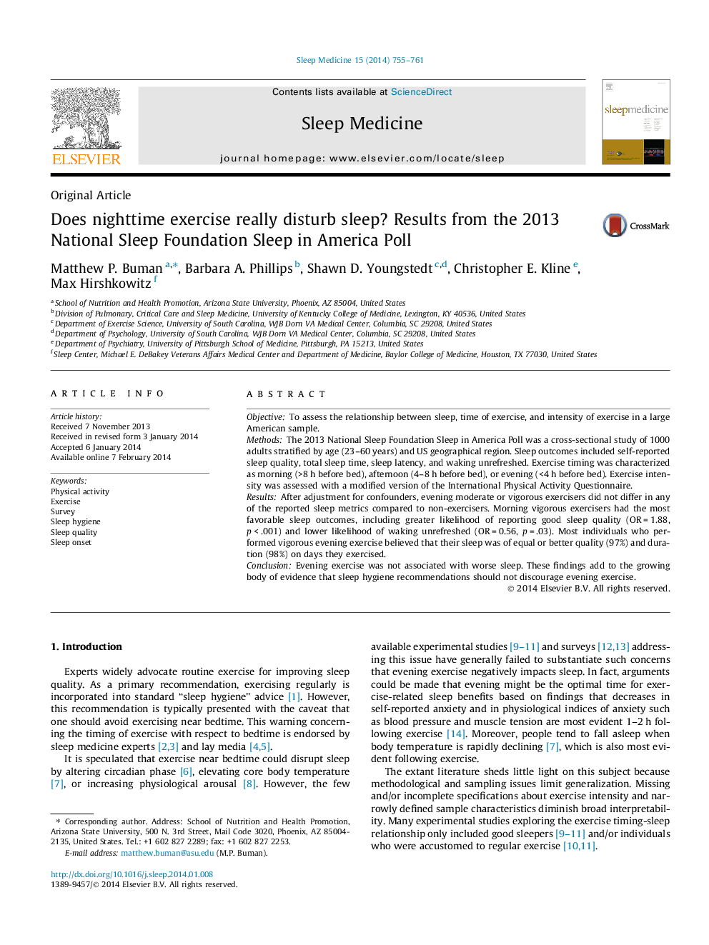 Does nighttime exercise really disturb sleep? Results from the 2013 National Sleep Foundation Sleep in America Poll