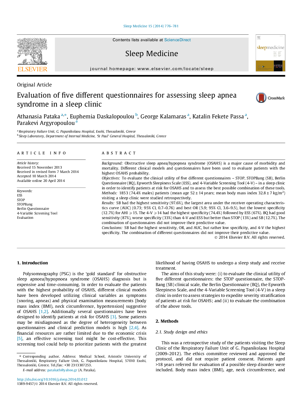 Evaluation of five different questionnaires for assessing sleep apnea syndrome in a sleep clinic