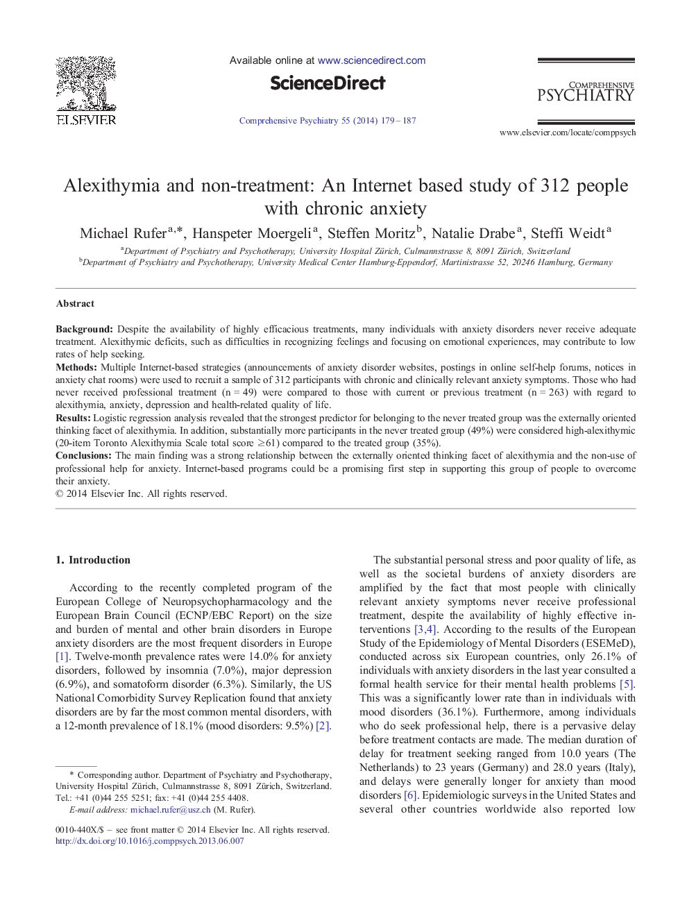 Alexithymia and non-treatment: An Internet based study of 312 people with chronic anxiety