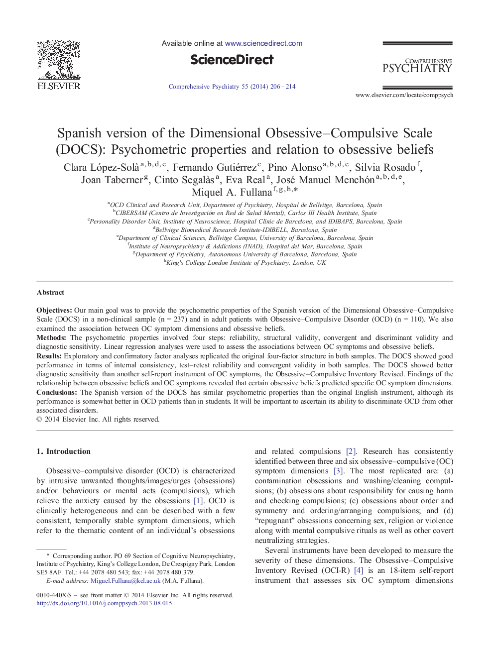 Spanish version of the Dimensional Obsessive–Compulsive Scale (DOCS): Psychometric properties and relation to obsessive beliefs