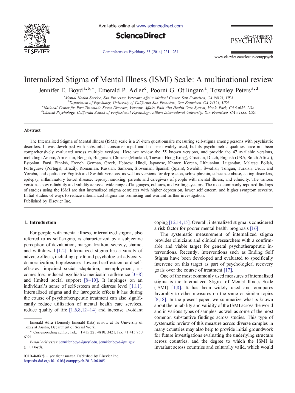 عکس صفحه اول مقاله: Internalized Stigma of Mental Illness (ISMI) Scale: A multinational review Internalized Stigma of Mental Illness (ISMI) Scale: A multinational review