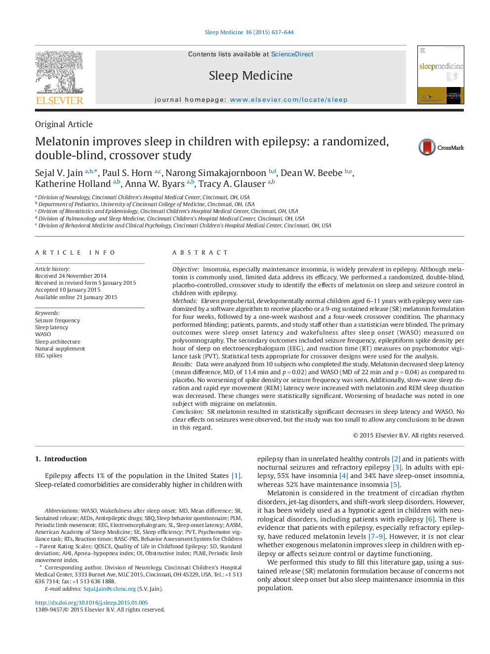 Melatonin improves sleep in children with epilepsy: a randomized, double-blind, crossover study