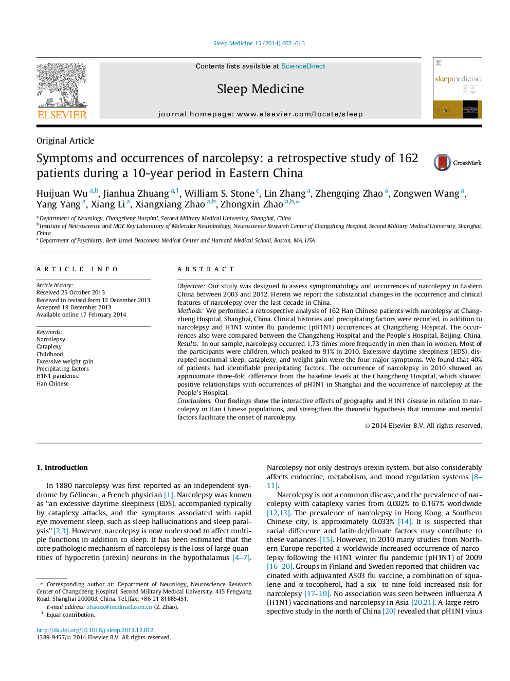 Symptoms and occurrences of narcolepsy: a retrospective study of 162 patients during a 10-year period in Eastern China