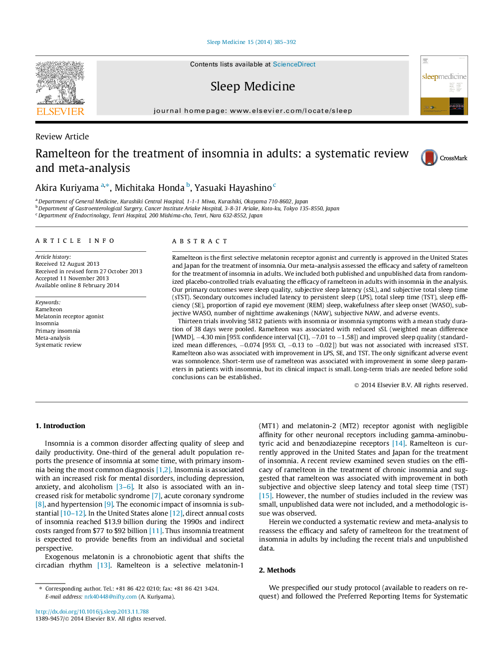 Ramelteon for the treatment of insomnia in adults: a systematic review and meta-analysis