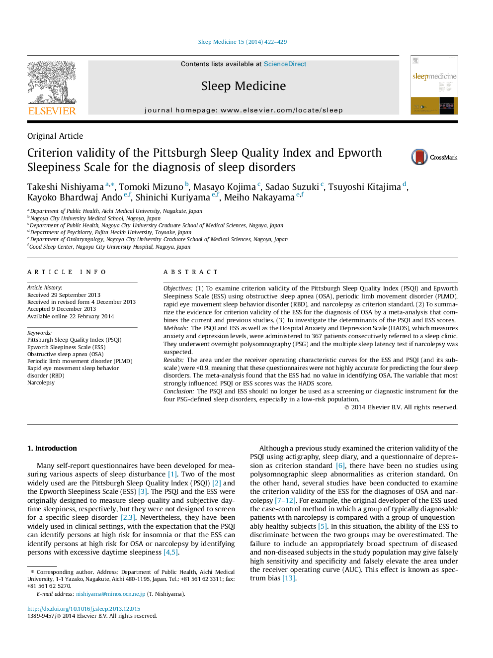 Criterion validity of the Pittsburgh Sleep Quality Index and Epworth Sleepiness Scale for the diagnosis of sleep disorders