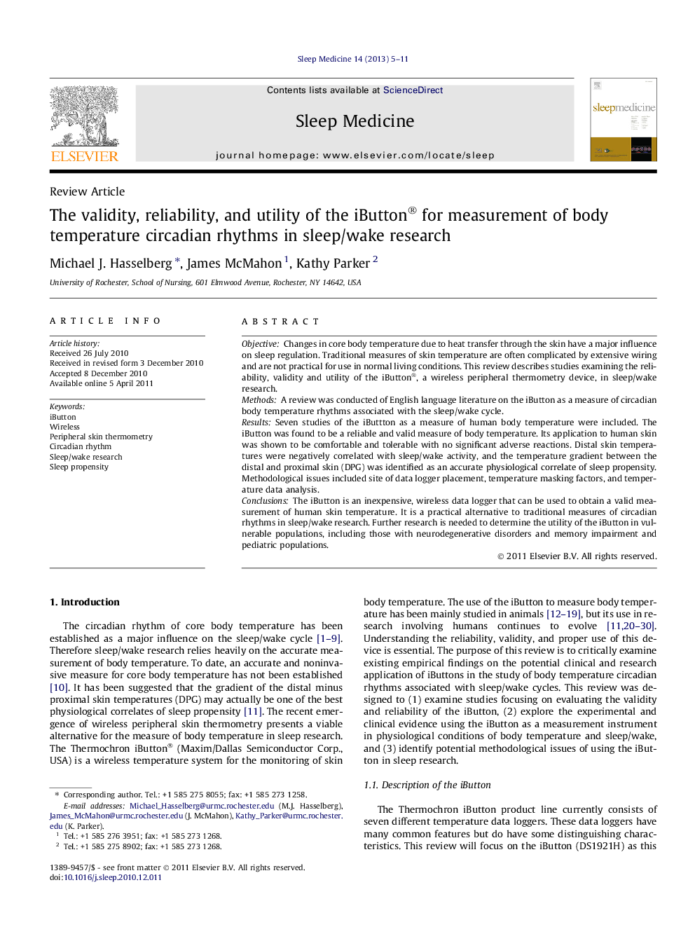 The validity, reliability, and utility of the iButton® for measurement of body temperature circadian rhythms in sleep/wake research