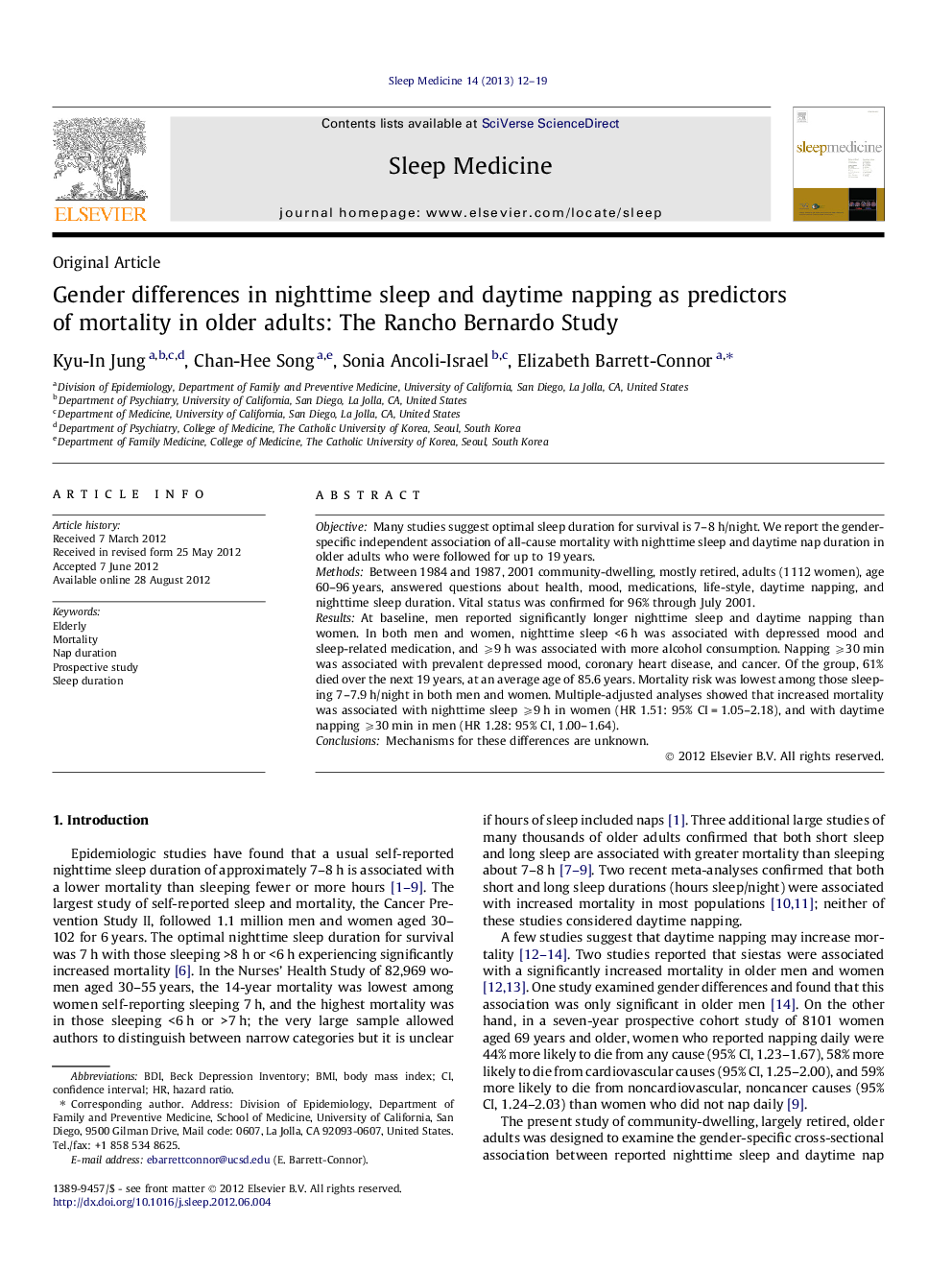 Gender differences in nighttime sleep and daytime napping as predictors of mortality in older adults: The Rancho Bernardo Study