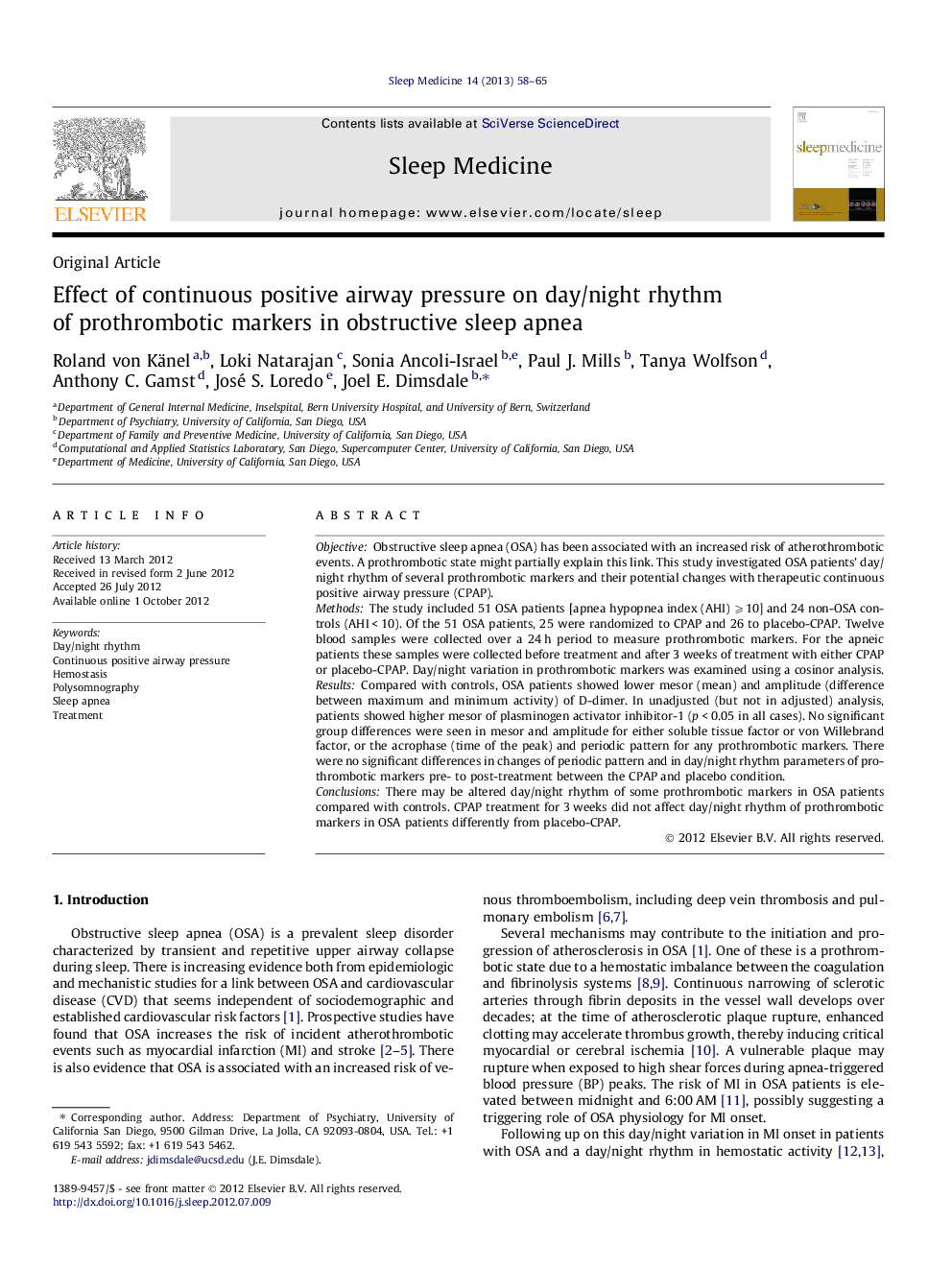 Effect of continuous positive airway pressure on day/night rhythm of prothrombotic markers in obstructive sleep apnea