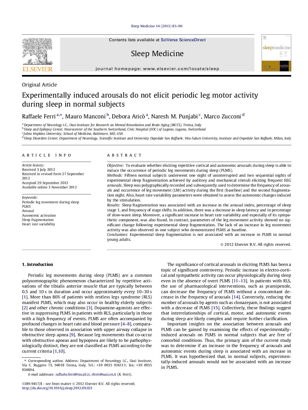 Experimentally induced arousals do not elicit periodic leg motor activity during sleep in normal subjects